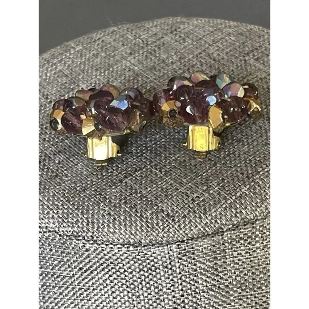 Vintage Germany Beaded Amethyst Colored Clip Brass Retro Cocktail Dress Earrings - Picture 2 of 6